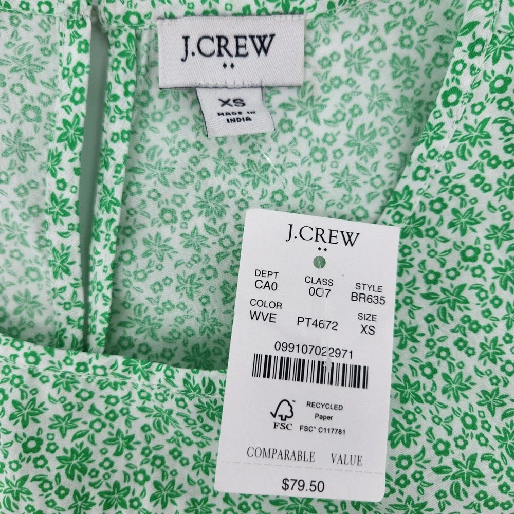 NWT‎ J Crew Floral Puff Sleeve Blouse Womens XS Green Cottagecore Top
